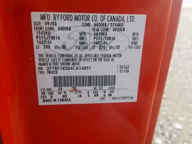 2FTRF18284CA14051 - 2004 FORD F-150 HERI RED photo 10