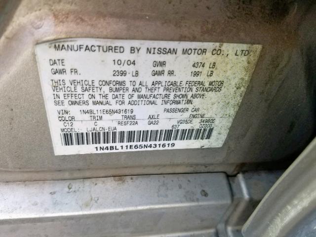 1N4BL11E65N431619 - 2005 NISSAN ALTIMA SE BEIGE photo 10