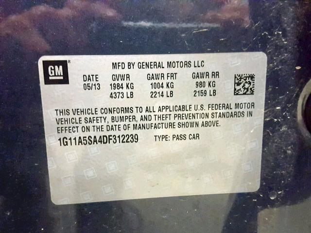 1G11A5SA4DF312239 - 2013 CHEVROLET MALIBU LS ლურჯი ფოტო 10