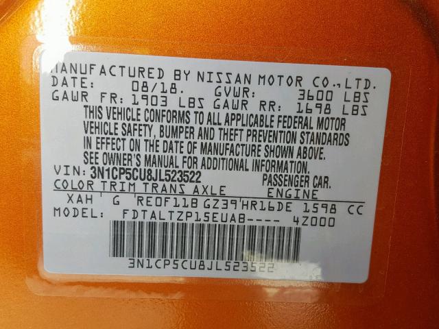 3N1CP5CU8JL523522 - 2018 NISSAN KICKS S ORANGE photo 10