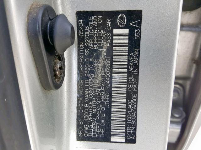 JTHBD192440092001 - 2004 LEXUS IS 300 SILVER photo 10