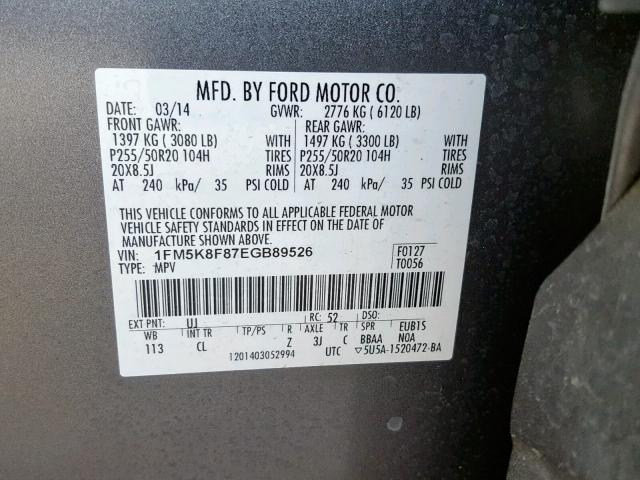 1FM5K8F87EGB89526 - 2014 FORD EXPLORER L GRAY photo 10