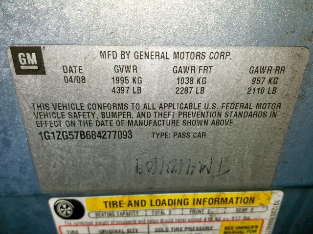 1G1ZG57B684277093 - 2008 CHEVROLET MALIBU LS BLUE photo 10