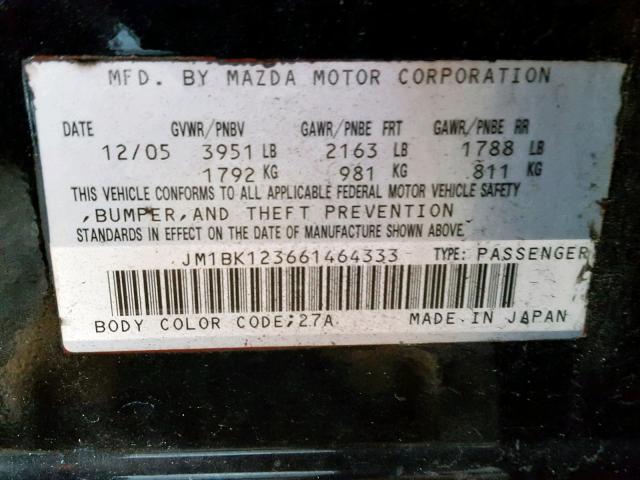 JM1BK123661464333 - 2006 MAZDA 3 S BLACK photo 10