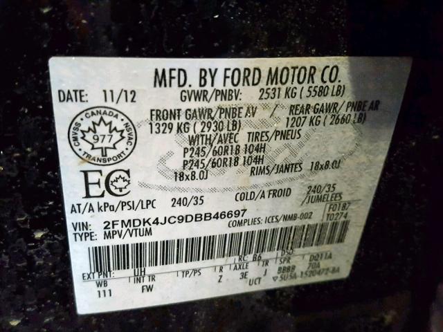 2FMDK4JC9DBB46697 - 2013 FORD EDGE SEL BLACK photo 10