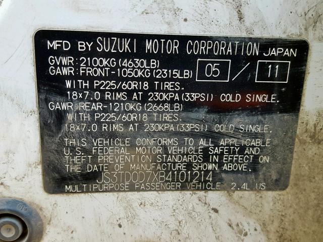 JS3TD0D7XB4101214 - 2011 SUZUKI GRAND VITA WHITE photo 10