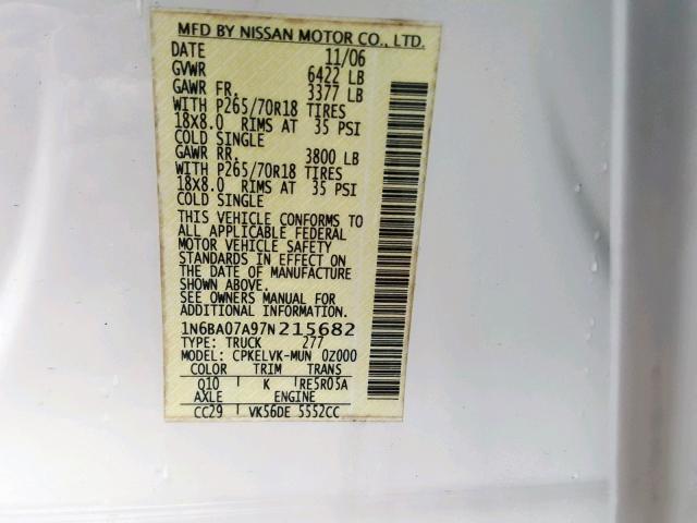 1N6BA07A97N215682 - 2007 NISSAN TITAN XE WHITE photo 10