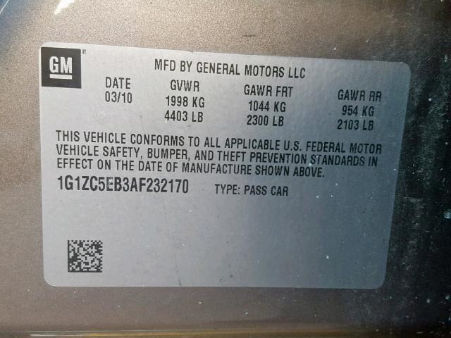 1G1ZC5EB3AF232170 - 2010 CHEVROLET MALIBU 1LT 棕色 照片 10