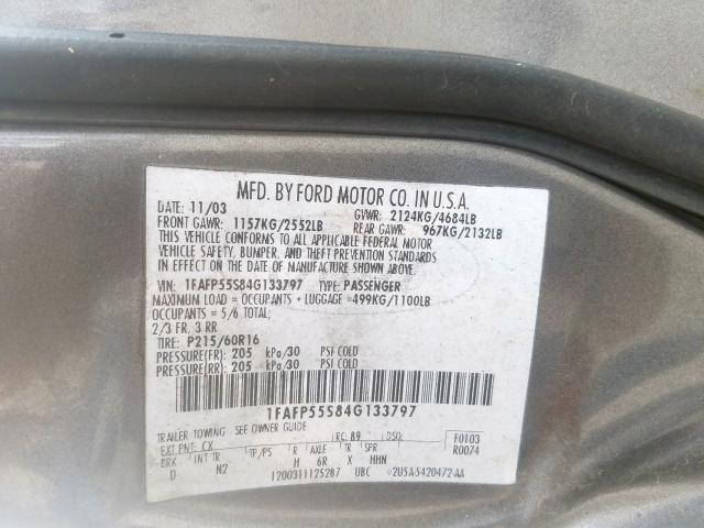 1FAFP55S84G133797 - 2004 FORD TAURUS SES GRAY photo 10