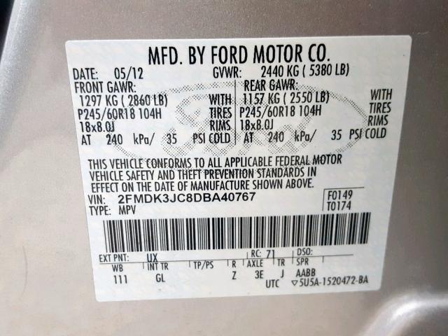 2FMDK3JC8DBA40767 - 2013 FORD EDGE SEL SILVER photo 10