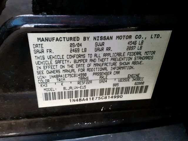 1N4BA41E75C814990 - 2005 NISSAN MAXIMA SE BLACK photo 10