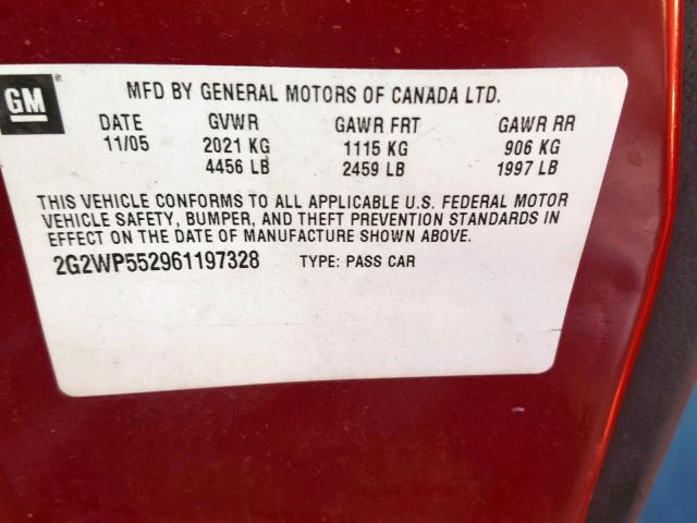 2G2WP552961197328 - 2006 PONTIAC GRAND PRIX ბურგუნდია ფოტო 10