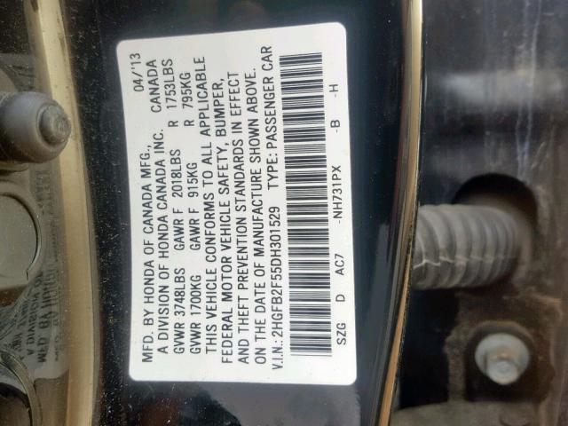 2HGFB2F55DH301529 - 2013 HONDA CIVIC LX BLACK photo 10