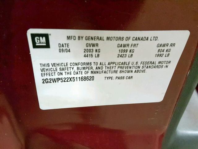 2G2WP522X51168620 - 2005 PONTIAC GRAND PRIX MAROON photo 10
