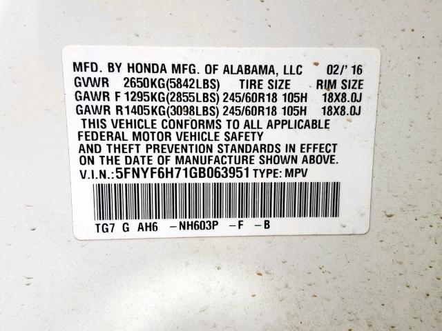 5FNYF6H71GB063951 - 2016 HONDA PILOT EXLN WHITE photo 10