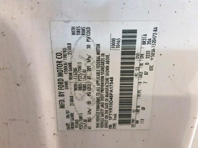 1FTYR10D48PA17548 - 2008 FORD RANGER WHITE photo 10