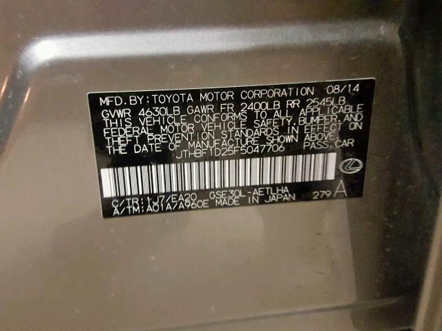 JTHBF1D25F5047706 - 2015 LEXUS IS 250 GRAY photo 10