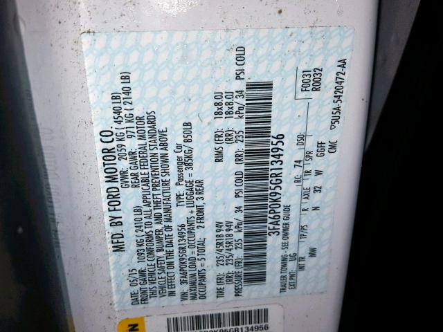 3FA6P0K95GR134956 - 2016 FORD FUSION TIT WHITE photo 10