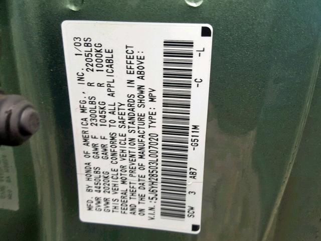 5J6YH28503L007020 - 2003 HONDA ELEMENT EX GREEN photo 10