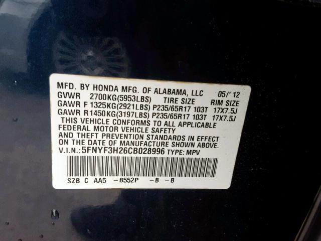 5FNYF3H26CB028996 - 2012 HONDA PILOT LX BLUE photo 10