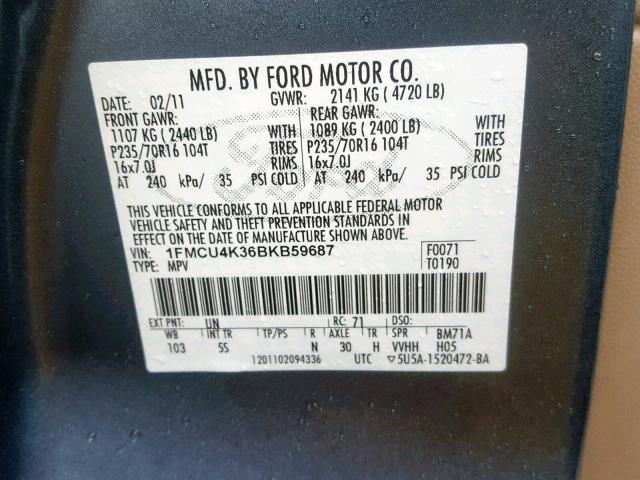 1FMCU4K36BKB59687 - 2011 FORD ESCAPE HYB BLUE photo 10