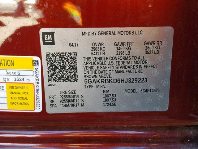 5GAKRBKD6HJ329223 - 2017 BUICK ENCLAVE RED photo 10