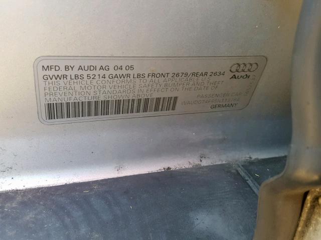 WAUDG74F45N113784 - 2005 AUDI A6 3.2 QUA BLACK photo 10