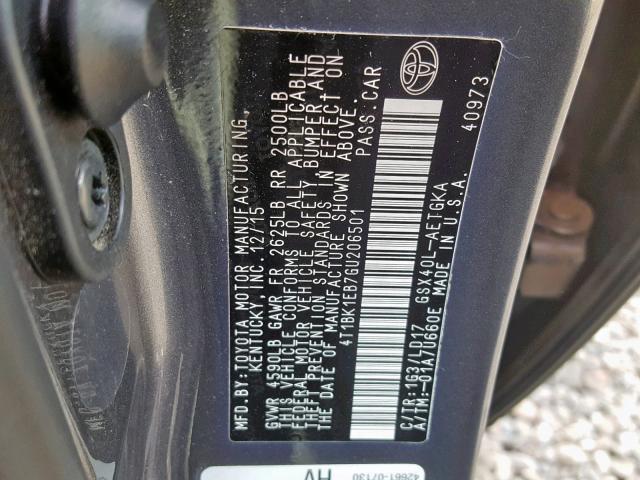 4T1BK1EB7GU206501 - 2016 TOYOTA AVALON XLE GRAY photo 10