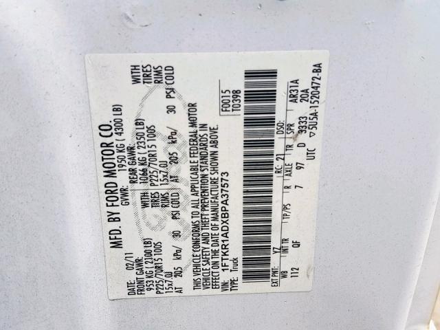 1FTKR1ADXBPA37573 - 2011 FORD RANGER WHITE photo 10