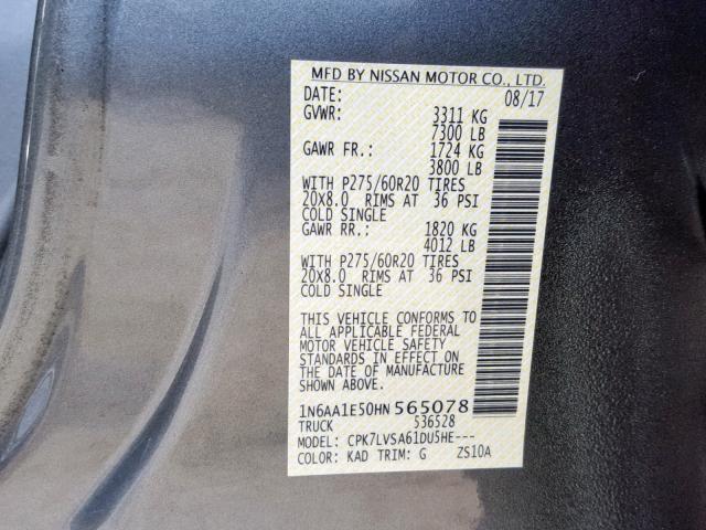 1N6AA1E50HN565078 - 2017 NISSAN TITAN SV GRAY photo 10