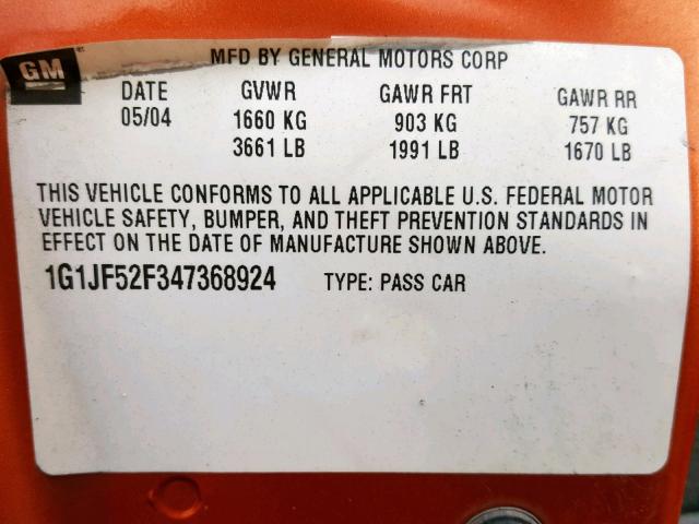 1G1JF52F347368924 - 2004 CHEVROLET CAVALIER L ORANGE photo 10