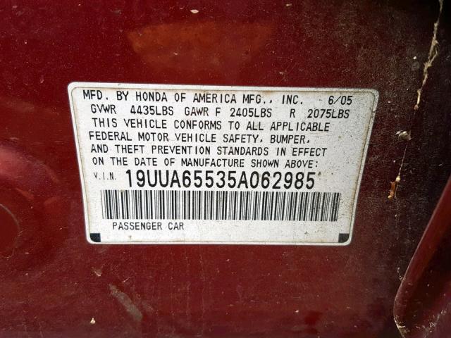 19UUA65535A062985 - 2005 ACURA TL MAROON photo 10