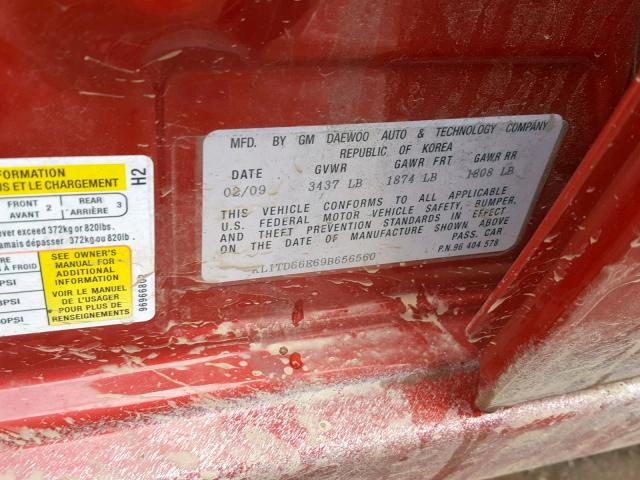 KL1TD66E69B656560 - 2009 CHEVROLET AVEO LS RED photo 10