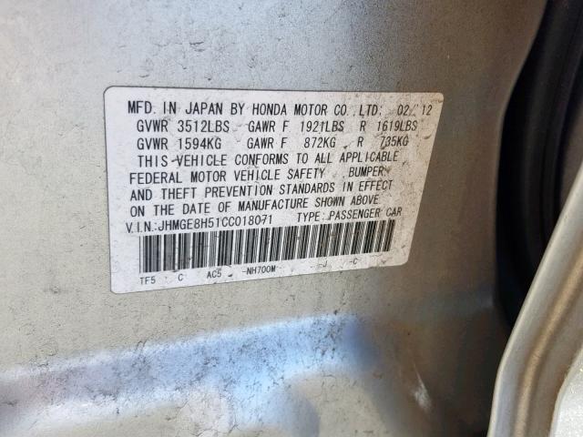 JHMGE8H51CC018071 - 2012 HONDA FIT SPORT SILVER photo 10