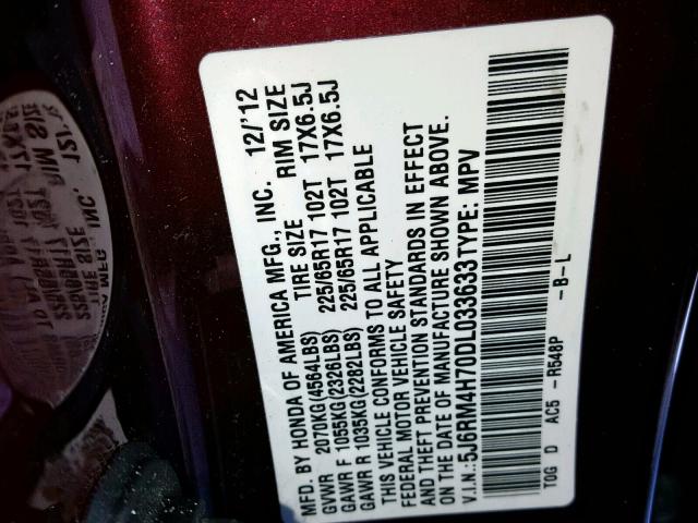 5J6RM4H70DL033633 - 2013 HONDA CR-V EXL BURGUNDY photo 10