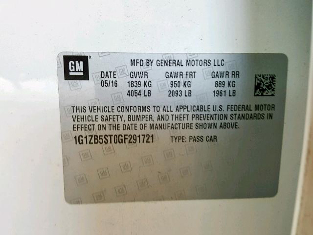 1G1ZB5ST0GF291721 - 2016 CHEVROLET MALIBU LS 白色 照片 10