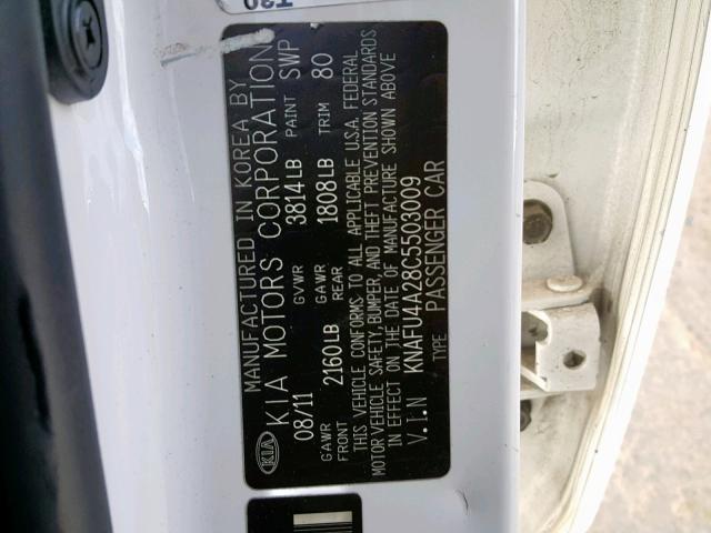 KNAFU4A28C5503009 - 2012 KIA FORTE EX WHITE photo 10