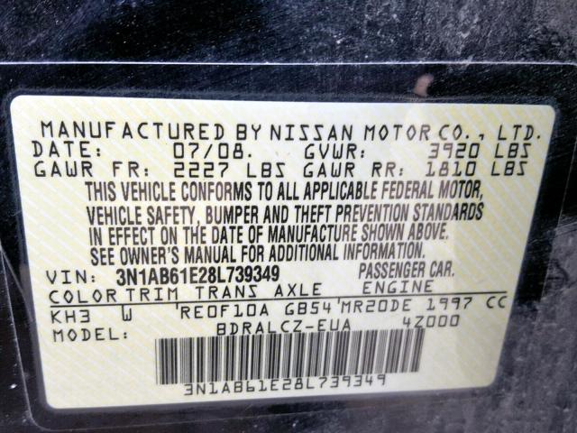 3N1AB61E28L739349 - 2008 NISSAN SENTRA 2.0 BLACK photo 10