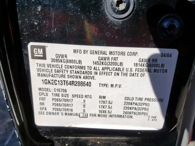 1GKEC13T64R288640 - 2004 GMC YUKON BLACK photo 10