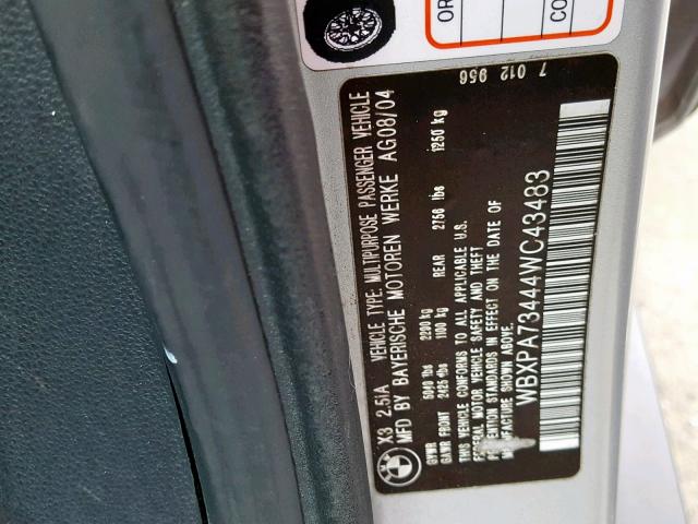 WBXPA73444WC43483 - 2004 BMW X3 2.5I SILVER photo 10