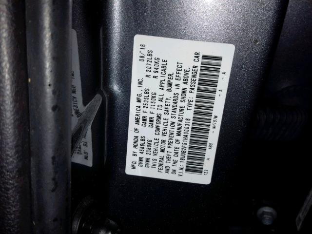 19UUB2F51HA000316 - 2017 ACURA TLX TECH GRAY photo 10