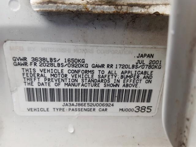 JA3AJ86E52U006924 - 2002 MITSUBISHI LANCER OZ WHITE photo 10