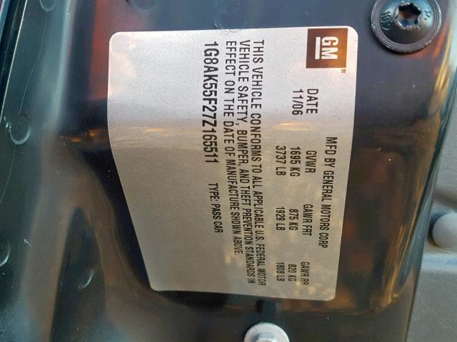 1G8AK55F27Z165511 - 2007 SATURN ION LEVEL GRAY photo 10