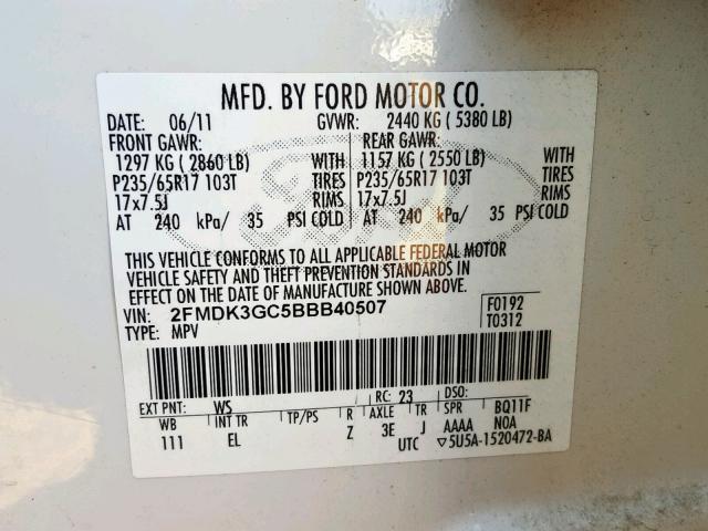 2FMDK3GC5BBB40507 - 2011 FORD EDGE SE WHITE photo 10