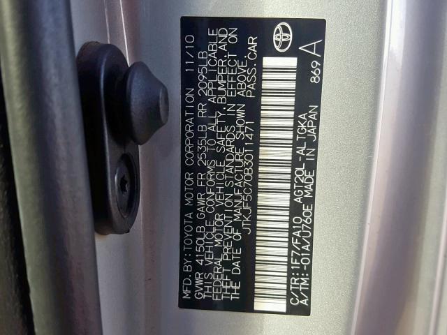 JTKJF5C70B3011471 - 2011 TOYOTA SCION TC 银色 照片 10