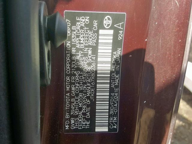 JTKDE167X80236141 - 2008 TOYOTA SCION TC BURGUNDY photo 10