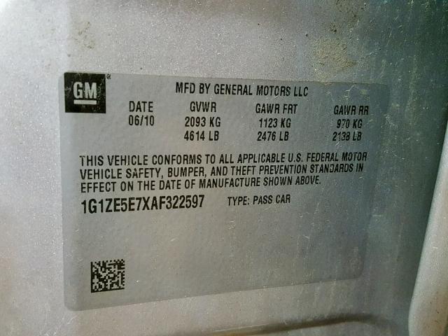 1G1ZE5E7XAF322597 - 2010 CHEVROLET MALIBU LTZ ვერცხლისფერი ფოტო 10