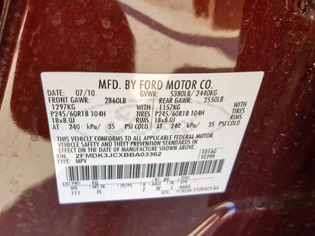 2FMDK3JCXBBA03362 - 2011 FORD EDGE SEL BURGUNDY photo 10