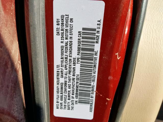 4S3BH665827613274 - 2002 SUBARU LEGACY OUT RED photo 10