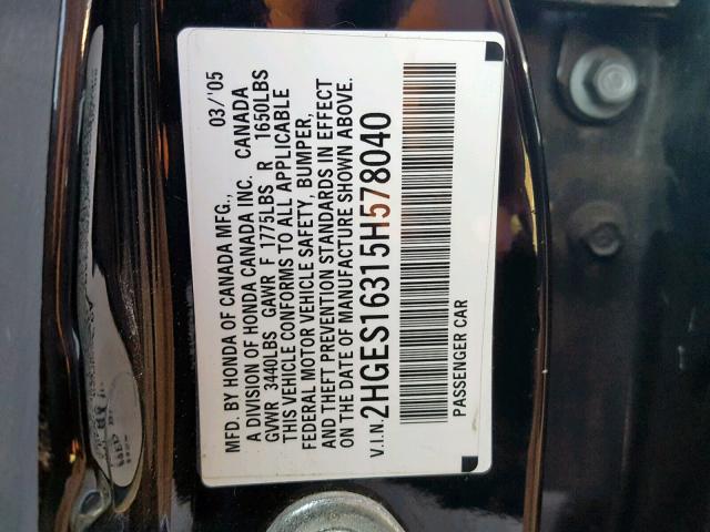 2HGES16315H578040 - 2005 HONDA CIVIC DX V BLACK photo 10